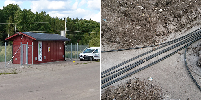 Till vänster: Kompressorstationen. Till höger: De svarta rören leder gas från deponin till kompressorstationen.